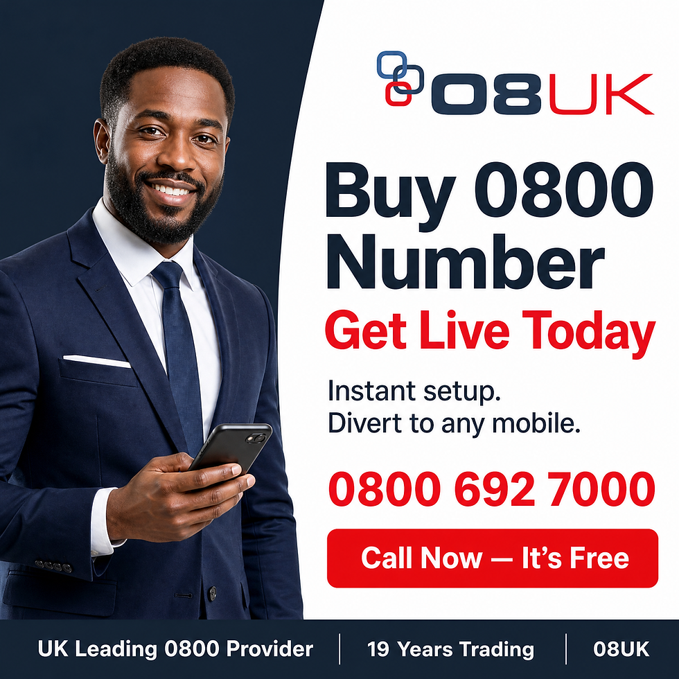 Smiling businesswoman beside 08UK ad text: Easy to Remember 0330 Numbers, 0800 692 7000, Call Now – It’s Free