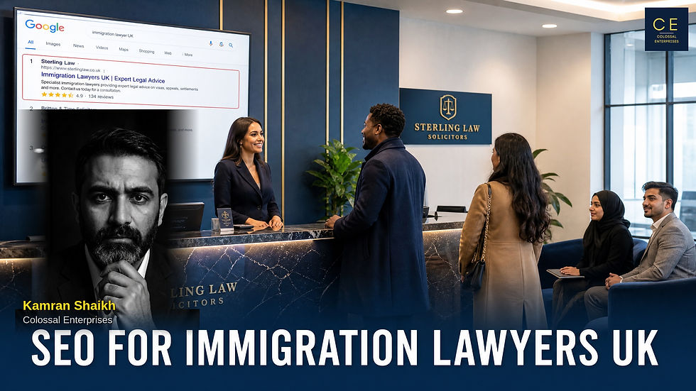 Law firm reception with Google search displayed on wall screen showing firm at position one — Colossal Enterprises SEO agency for lawyers UK