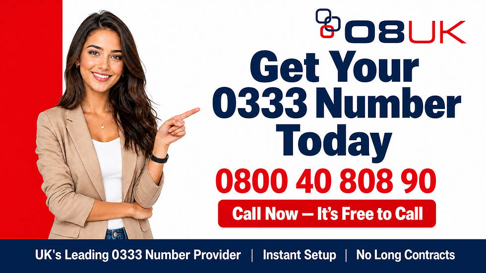 Smiling woman points to 08UK ad reading Get Your 0333 Number Today, with free-call number 0800 40 808 90 on white and red background.