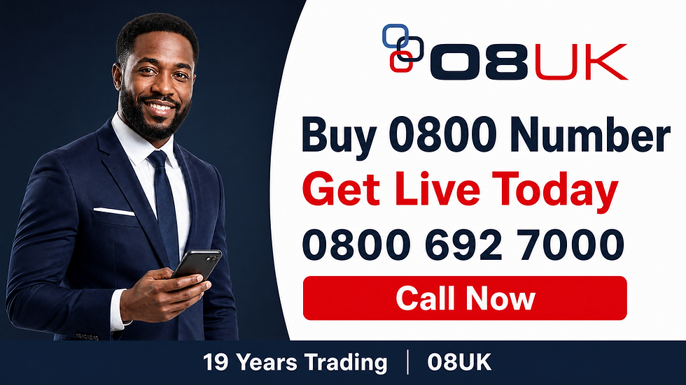 Smiling man in navy suit holds a phone beside 08UK ad reading Buy 0800 Number, Get Live Today, Call Now.