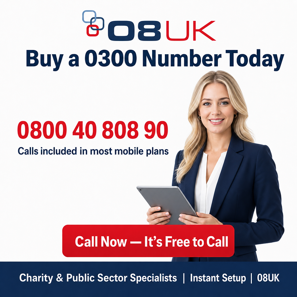 Ad with smiling woman holding a tablet beside 08UK logo, promoting Buy a 0300 Number Today and Call Now—It’s Free to Call.