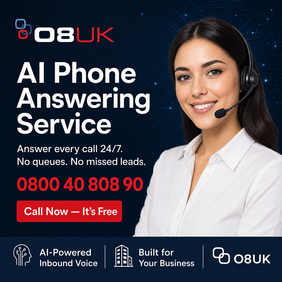 Smiling woman in headset beside 08UK AI Phone Answering Service ad, with 24/7 call number 0800 40 808 90 on blue tech background.