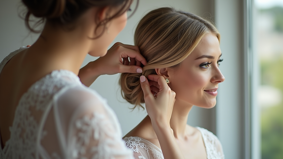 Eye-level view of a bridal hair stylist arranging a natural low bun on a bride