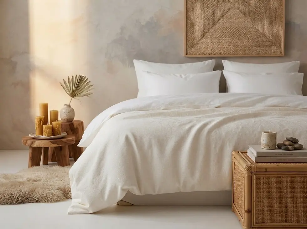 Studio interior photography of a minimalist bedroom with crisp white bedding. The atmosphere is serene and relaxing with warm natural textures and soft ambient lighting.