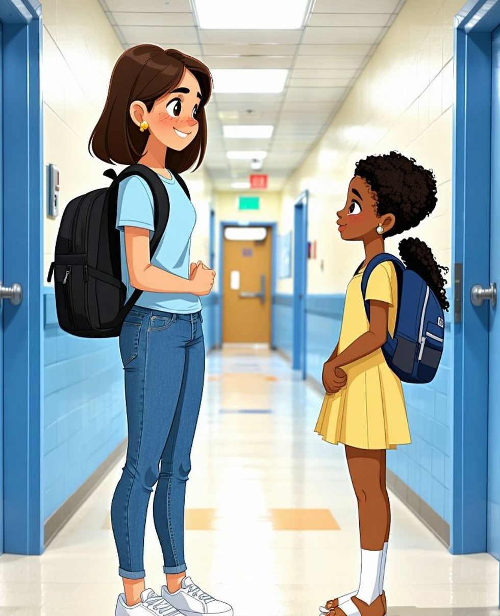 Ashley is talking to her friend in the school hallway, using kind words and listening.