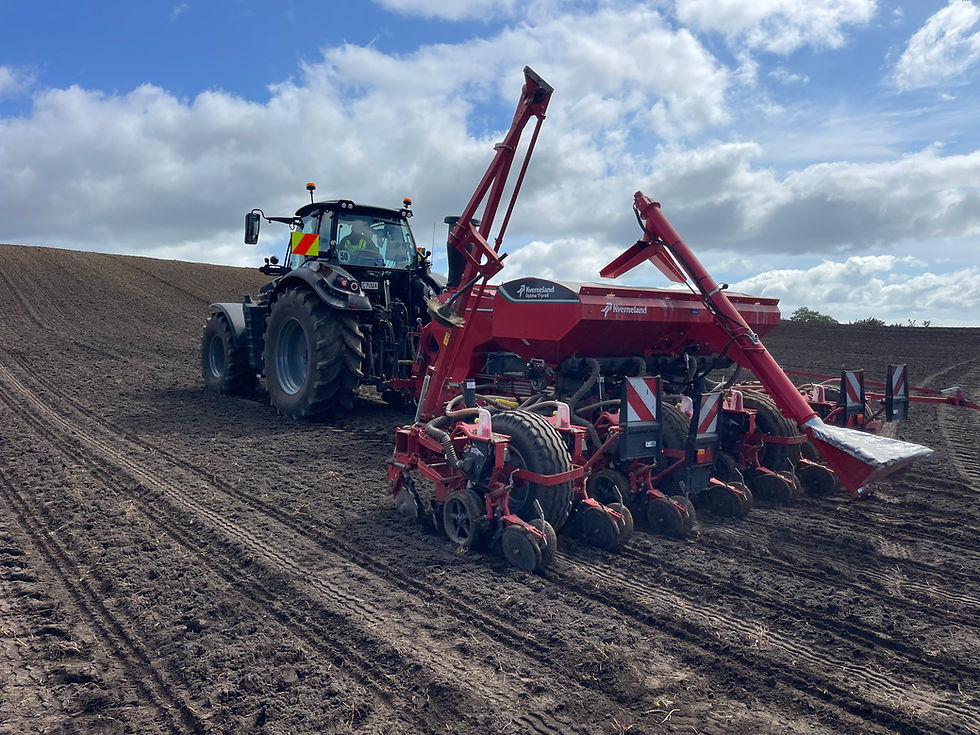 Black tractor with Kverneland precision seed drill working on freshly cultivated farmland – Marsh Contracting cultivation and re-pasturing services in Bay of Plenty, New Zealand.