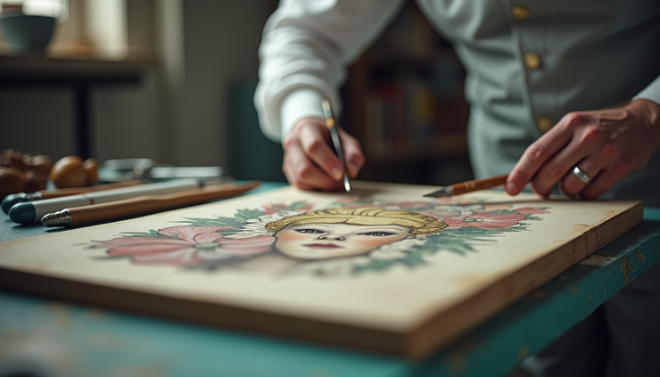 Vista cercana del laboratorio de restauración con herramientas y obras en proceso