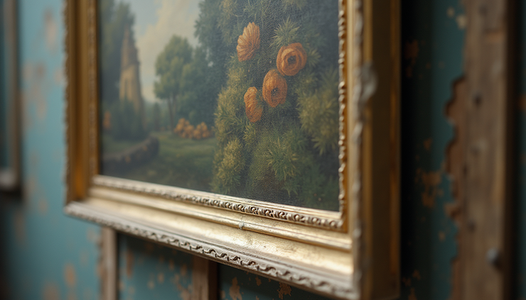 Vista a nivel de ojo de una pintura antigua siendo restaurada en el laboratorio