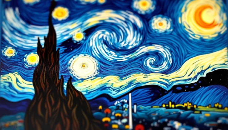 Vista a nivel de ojo de "La noche estrellada" de Van Gogh con pinceladas vibrantes