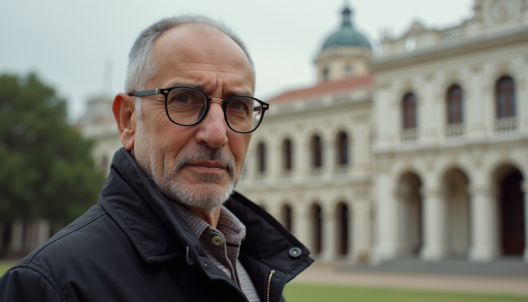 Vista frontal de la Biblioteca Nacional de México con un retrato de Carlos Monsiváis en primer plano