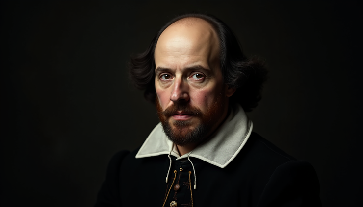 Vista frontal de un retrato clásico de William Shakespeare con fondo oscuro