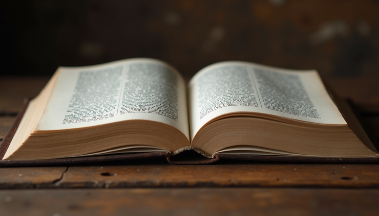 Vista lateral de un libro antiguo abierto con texto de Shakespeare