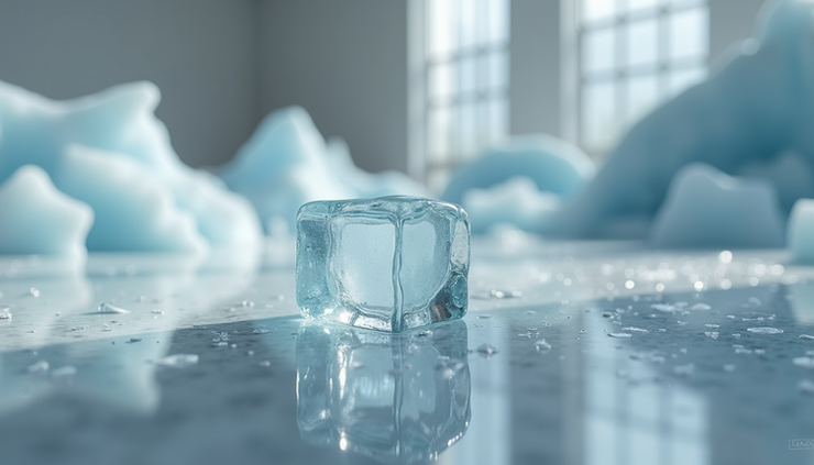 Plano detalle de cubo de hielo parcialmente derretido en exhibición artística