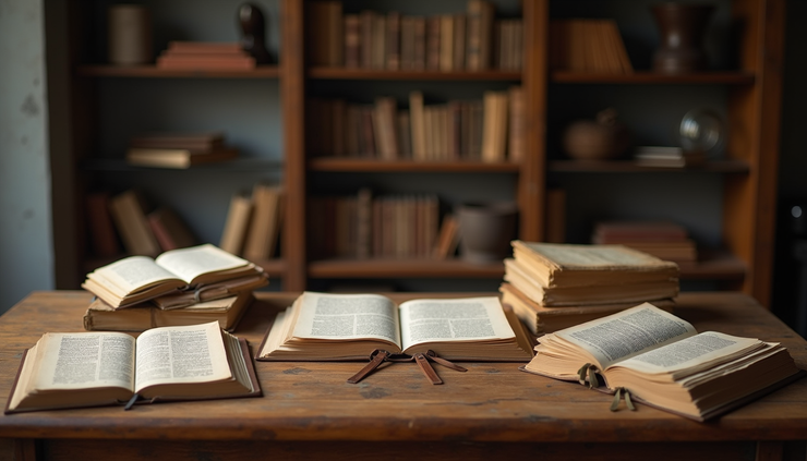 Plano medio de una mesa con libros y manuscritos de Carlos Monsiváis