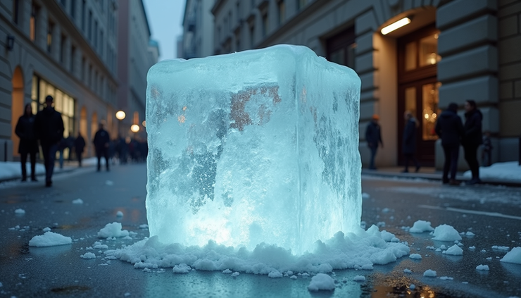 Vista lateral de videoarte con cubo de hielo siendo empujado en espacio urbano