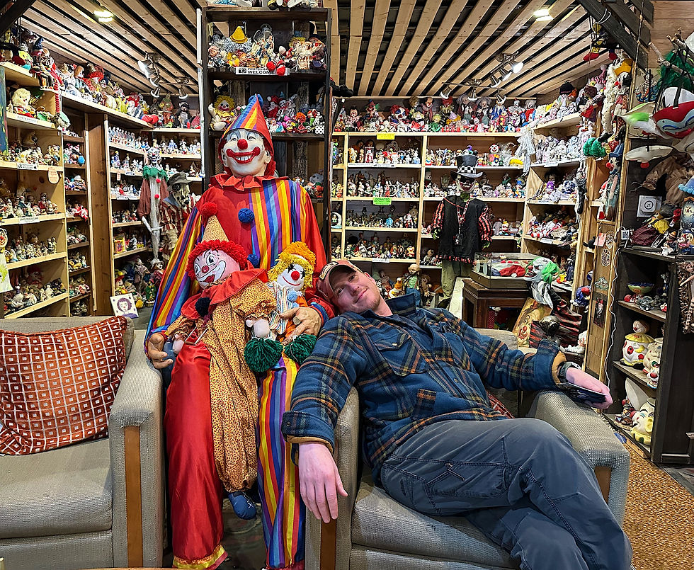 Relaxing with the millions of clowns in the gift shop/museum.