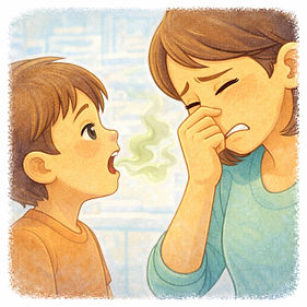 little boy with bad breath and mother looks disgusted because of the smell