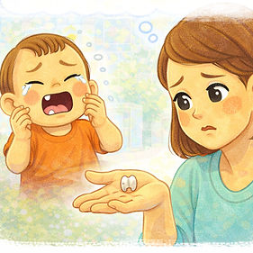 child crying because he knocked out tooth mom is holding the tooth in her hand