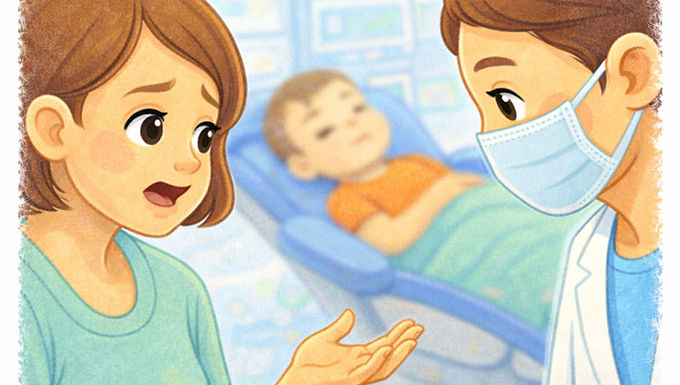 sedated kid in chair mom talks with pediatric dentist