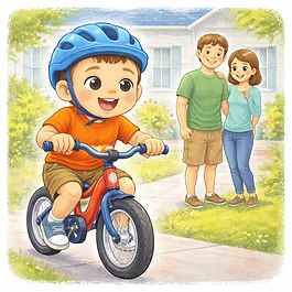 kid rids bike and parents looking on recovering from a frenectomy at dentist