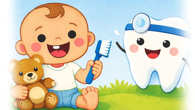 baby with toothbrush and teddy bear smiling