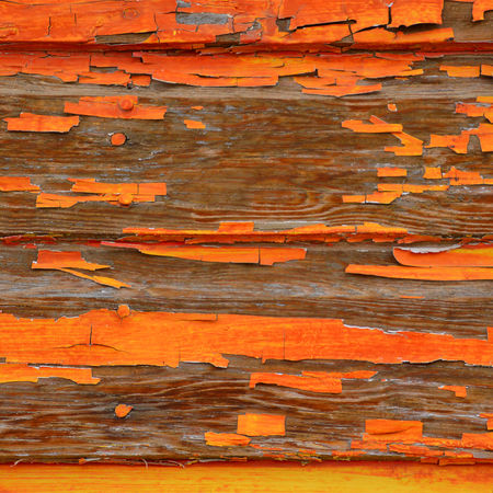 Bright orange peeling paint curling away from an old wooden wall surface