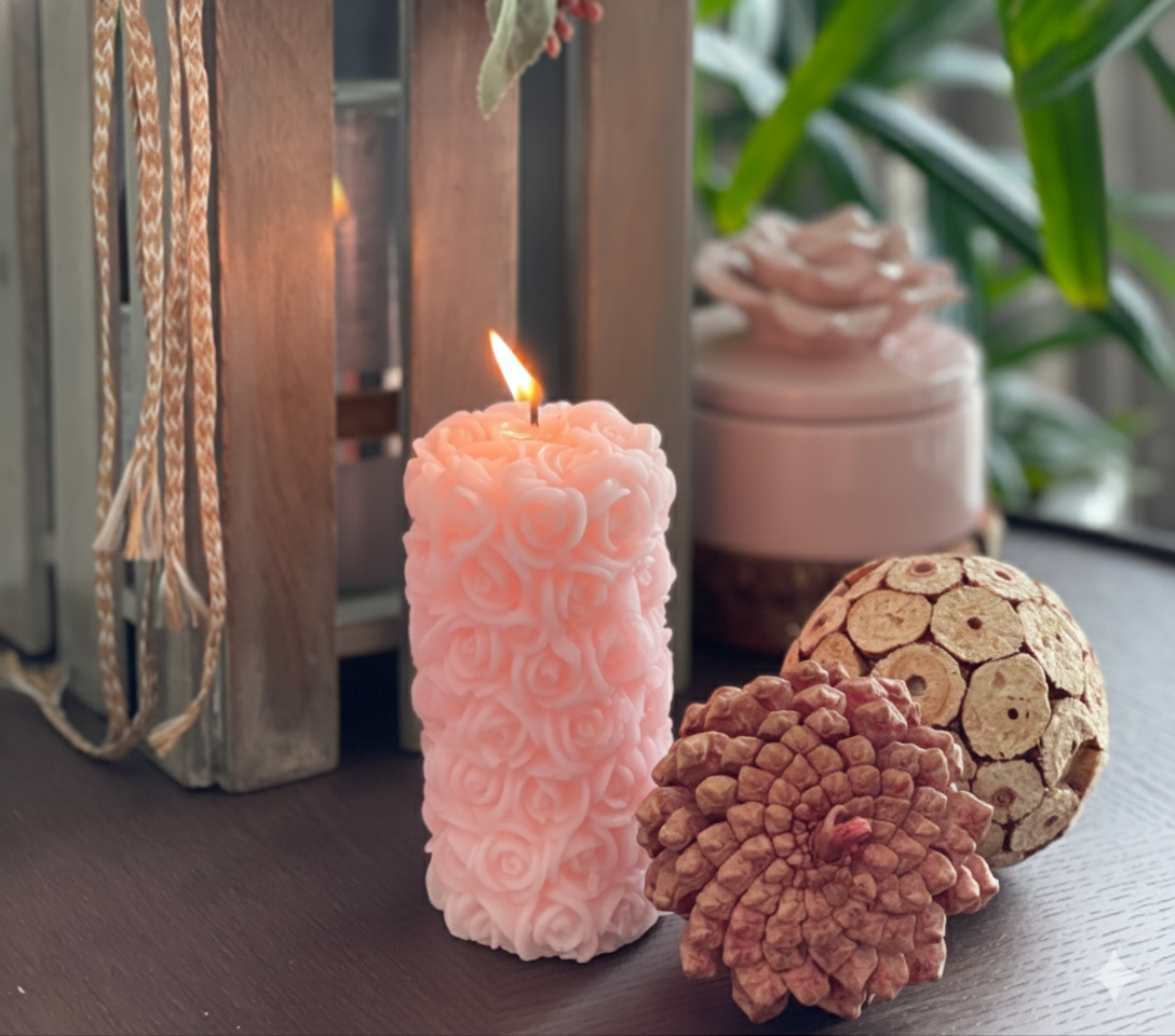TALL PINK ROSE PILLAR CANDLE