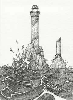 An ink illustration of a lighthouse atop a craggy rock surrounded by large waves. In the foreground, two figures approach in a rowboat.