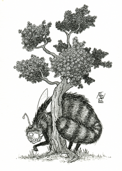 An illustration of a furry, hyena-like beast, with a wasp's wings and antannae, slinking around a tree with spiral leaves.