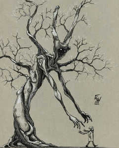 A tree-like being with glowing eyes and bare branches bends down and stretches its hands out, about to grab a boy walking past nearby.