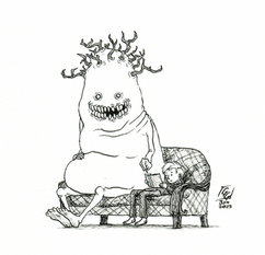 A boy sits on a couch, reading, while a giant toothy monster who sits beside him grins and points at the book.