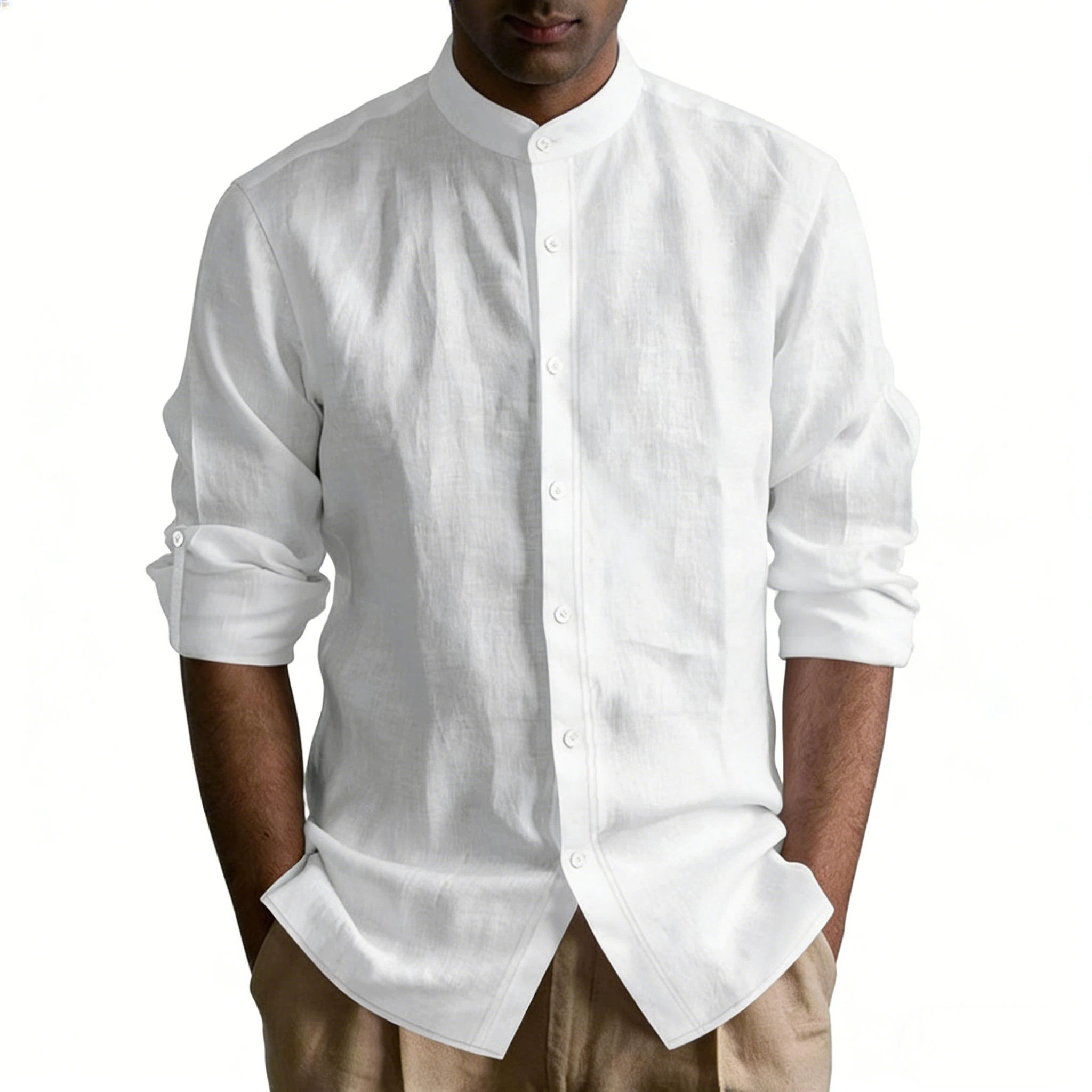 PureLuxe Stand‑Collar Linen‑Blend Long‑Sleeve Shirt