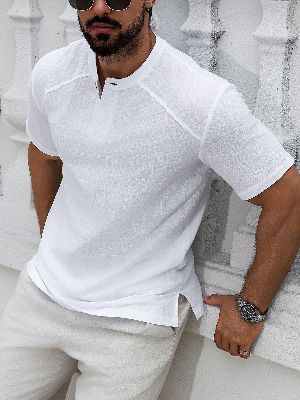 Thumbnail: AirWeave Linen‑Blend Henley Premium Tee