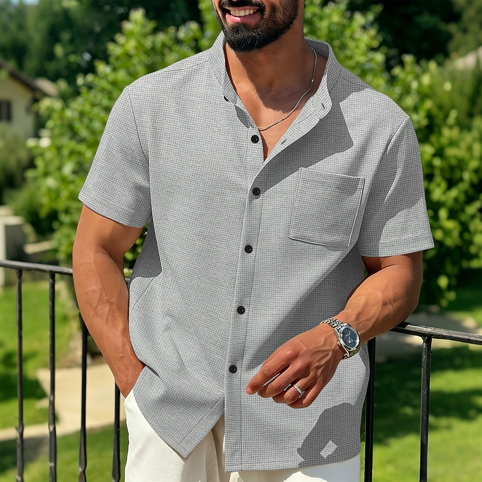 Thumbnail: BreezeWeave Stand‑Collar Waffle‑Knit Short‑Sleeve Shirt