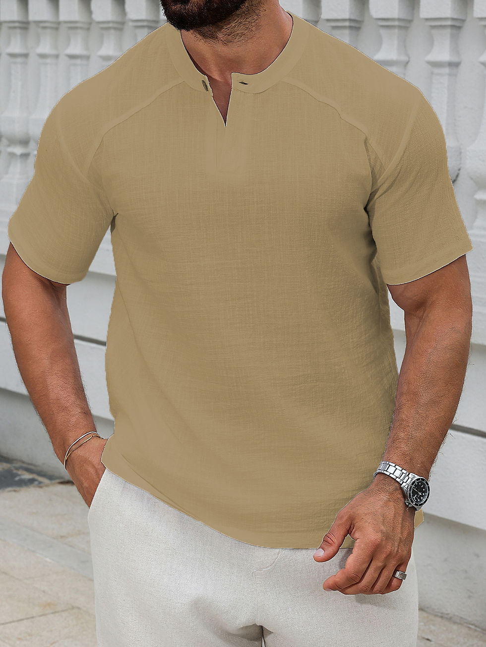 Thumbnail: AirWeave Linen‑Blend Henley Premium Tee