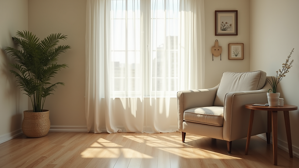Eye-level view of a calm therapy room with a comfortable chair and soft lighting
