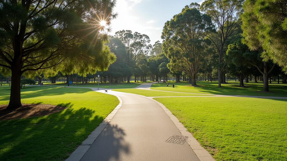 High angle view of a peaceful Brisbane park with walking paths and greenery