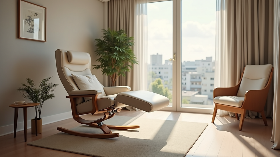Eye-level view of a calm therapy room with a comfortable reclining chair