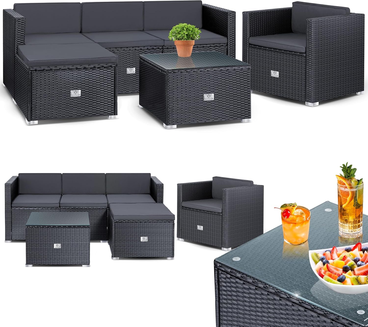 KESSER Polyrattan Lounge Aruba Anthrazit für 4-5 Personen mit Sofa, Sessel