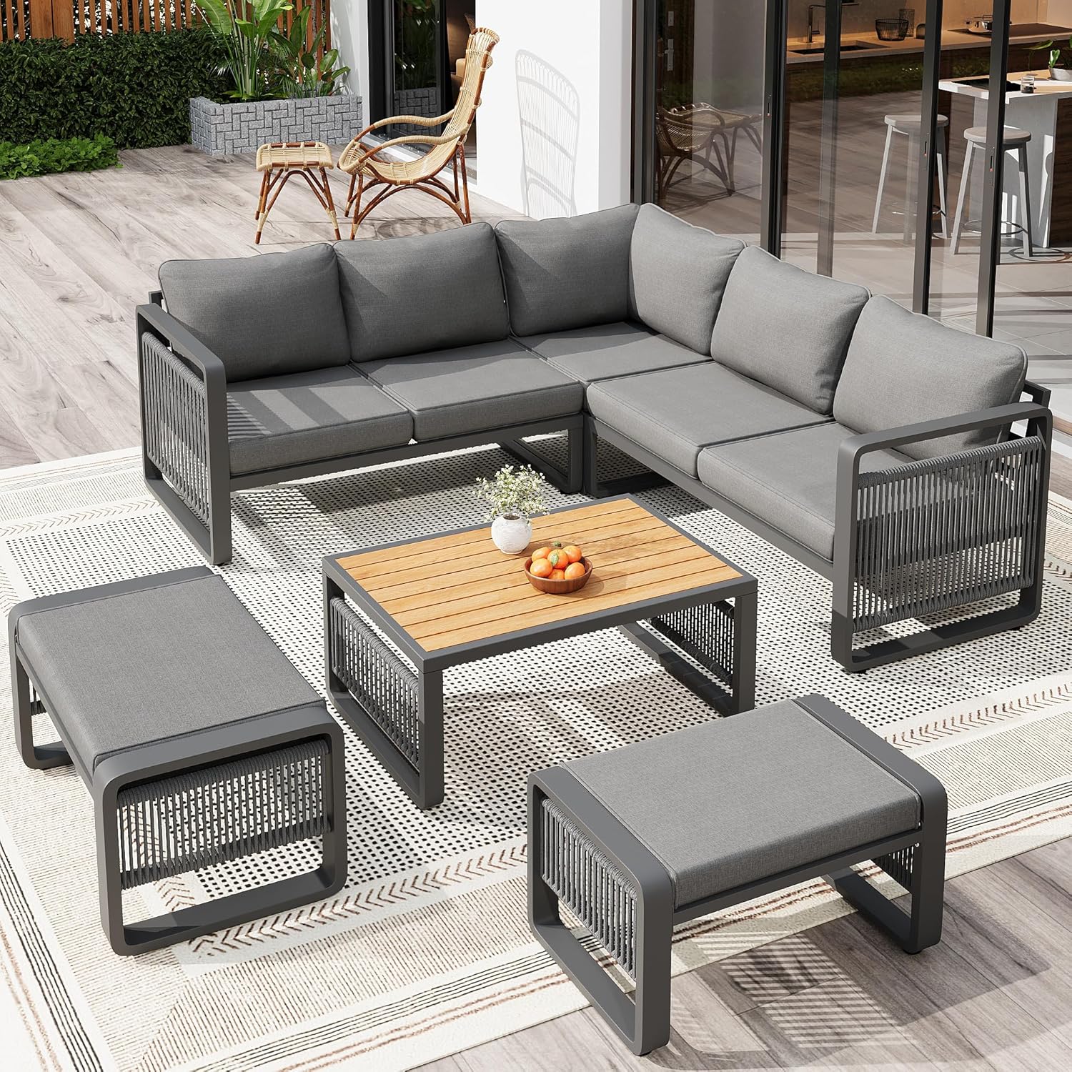 Merax Gartenmöbel Lounge Set Grau für 6-7 Personen, Wetterfestes Gartensofa