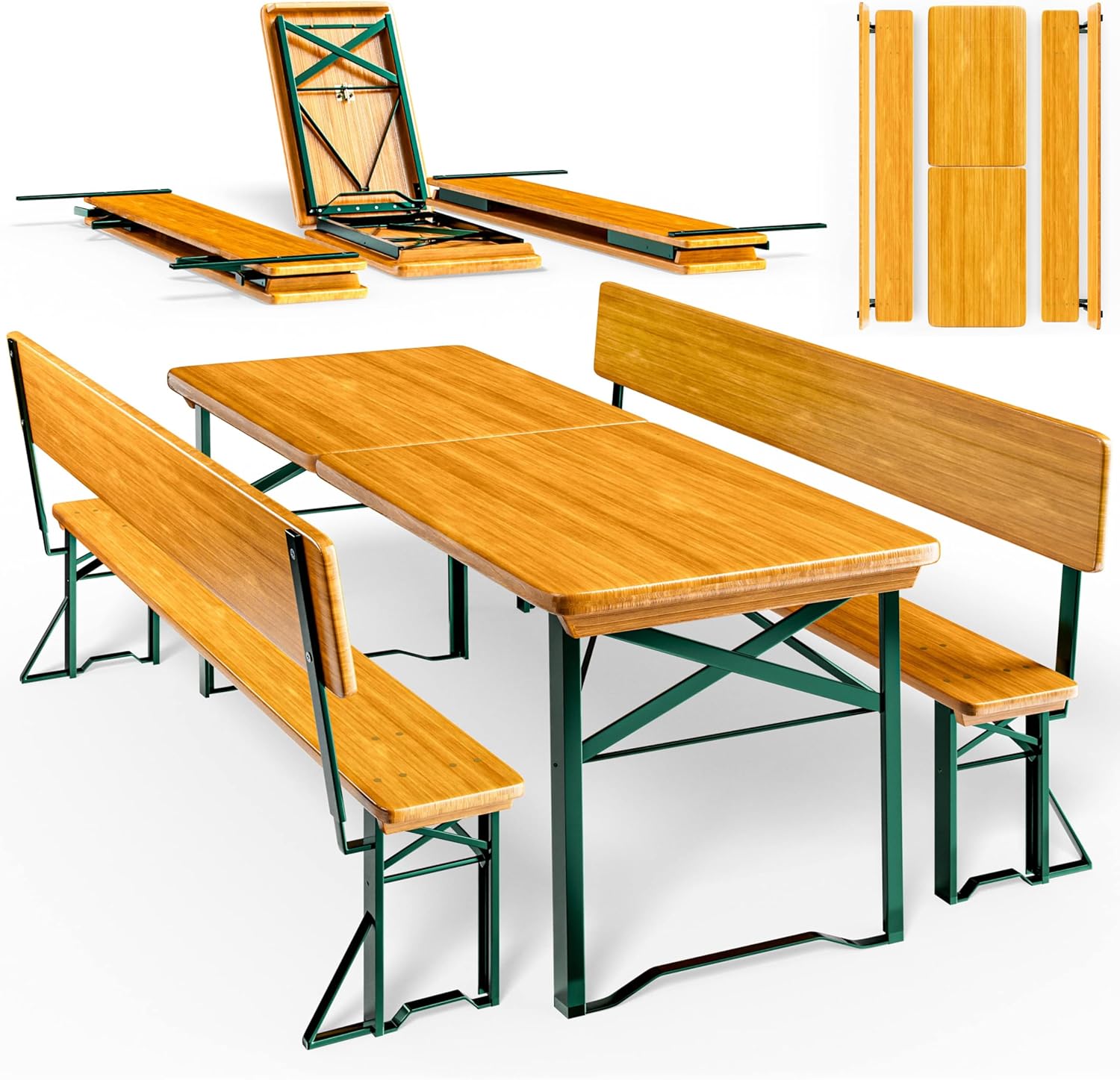 Casaria Bierzeltgarnitur 170 cm Braun Holz Stahl klappbar mit Lehne 3-teilig