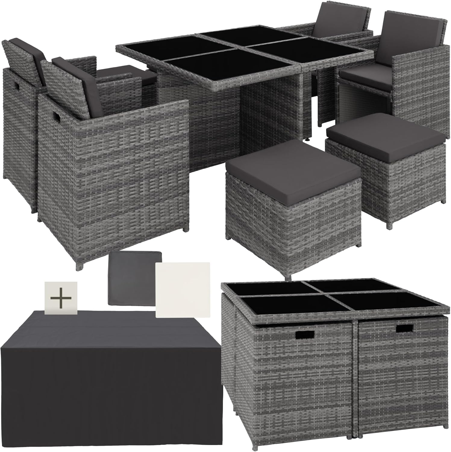 tectake Rattan Lounge Set mit Aluminiumgestell, 4 Stühle