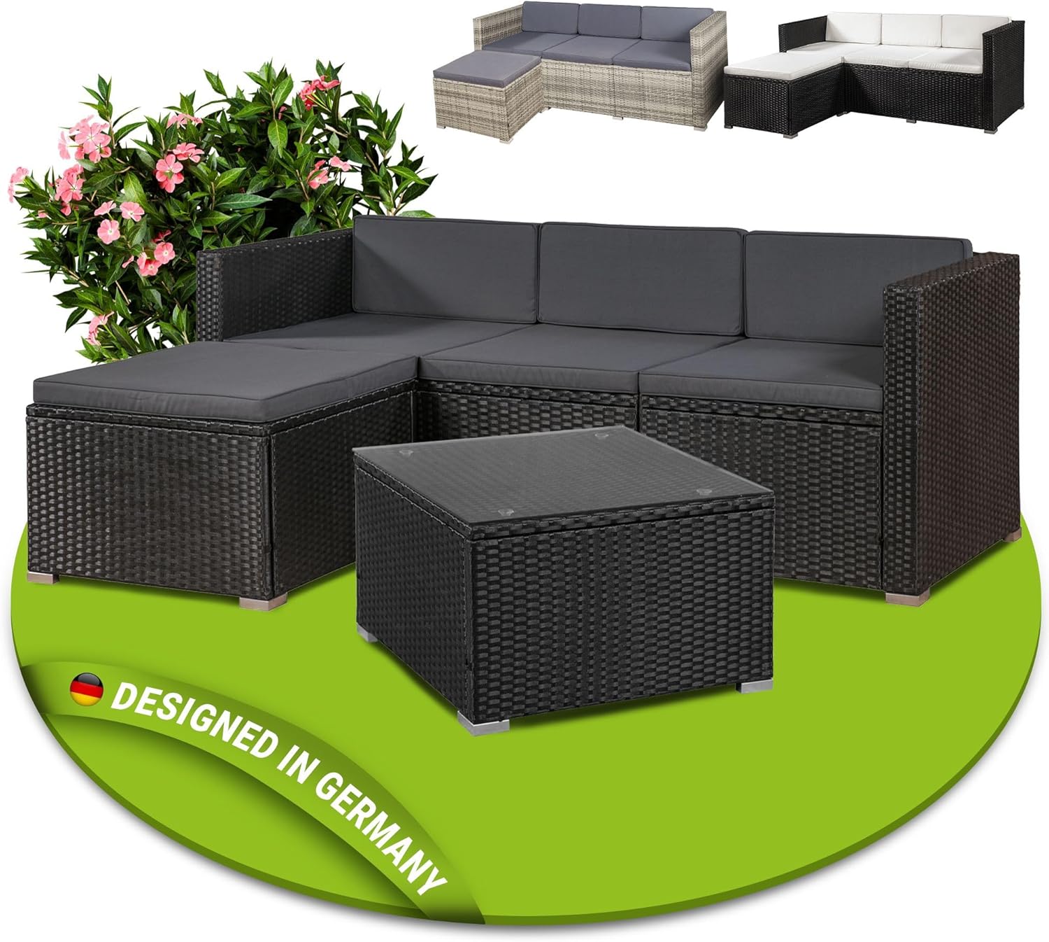 Juskys Polyrattan Lounge Set für 3-4 Personen mit Sofa, Hocker, Tisch & Kissen