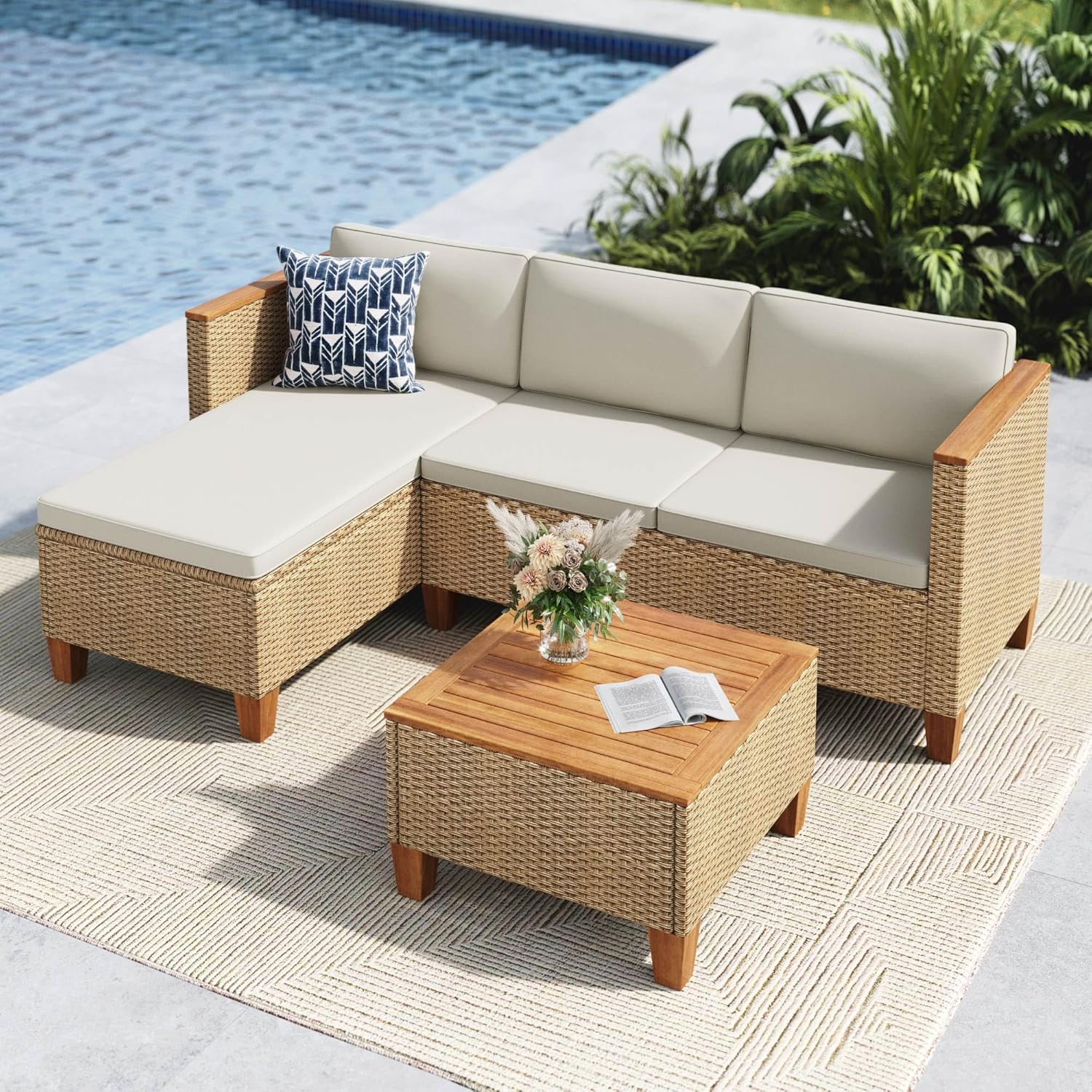 MFSTUDIO Gartenmöbel Set Polyrattan Braun 3-teilig L-Form mit Kissen