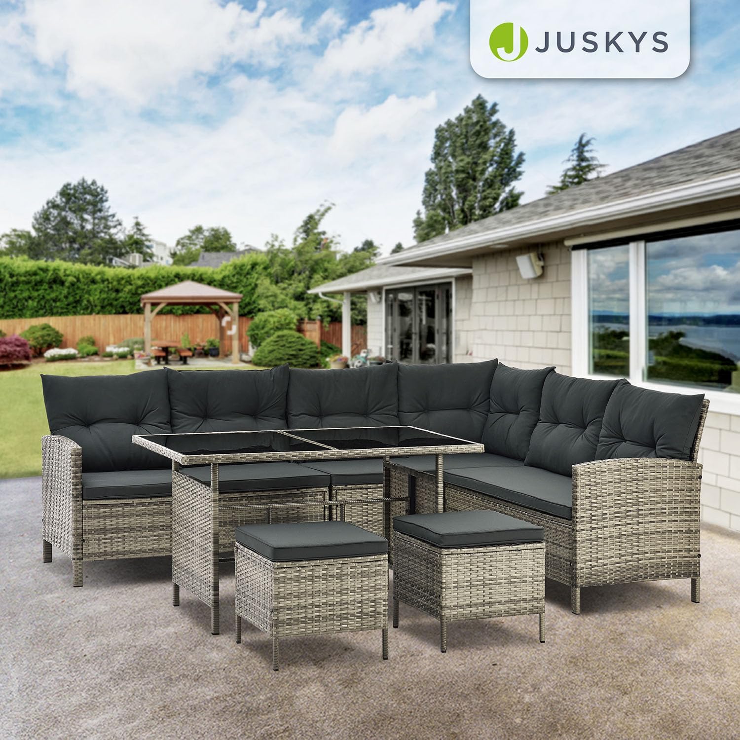 Juskys Polyrattan Gartenlounge Grau – Sitzgruppe mit Ecksofa, Tisch, Hocker