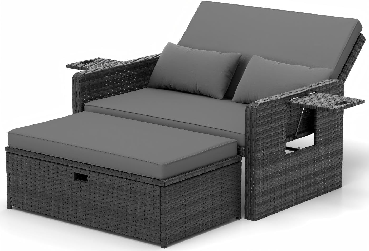 UDPATIO Rattan Lounge Sofa 2-Sitzer Grau meliert mit Hocker & Stauraum