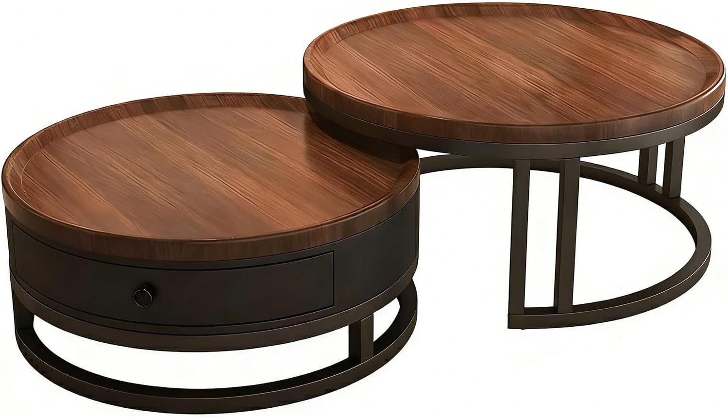 Couchtisch rund 2er Set mit Stauraum, Wohnzimmertisch mit Holz Schubladen