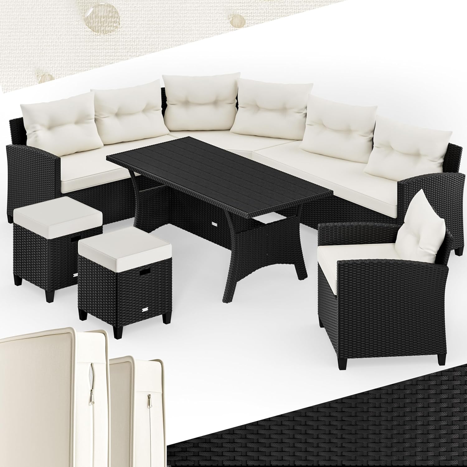 Casaria Polyrattan Ecklounge Set Schwarz mit WPC Tisch, Sessel & 2 Hockern