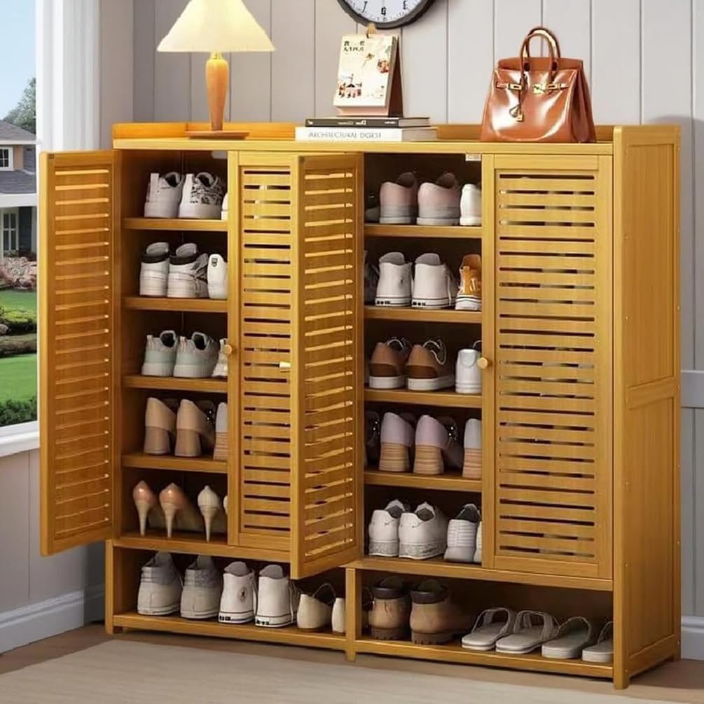 Schuhschrank Holz mit Korbgeflecht-Türen, Moderner Bambus Schuhschränke
