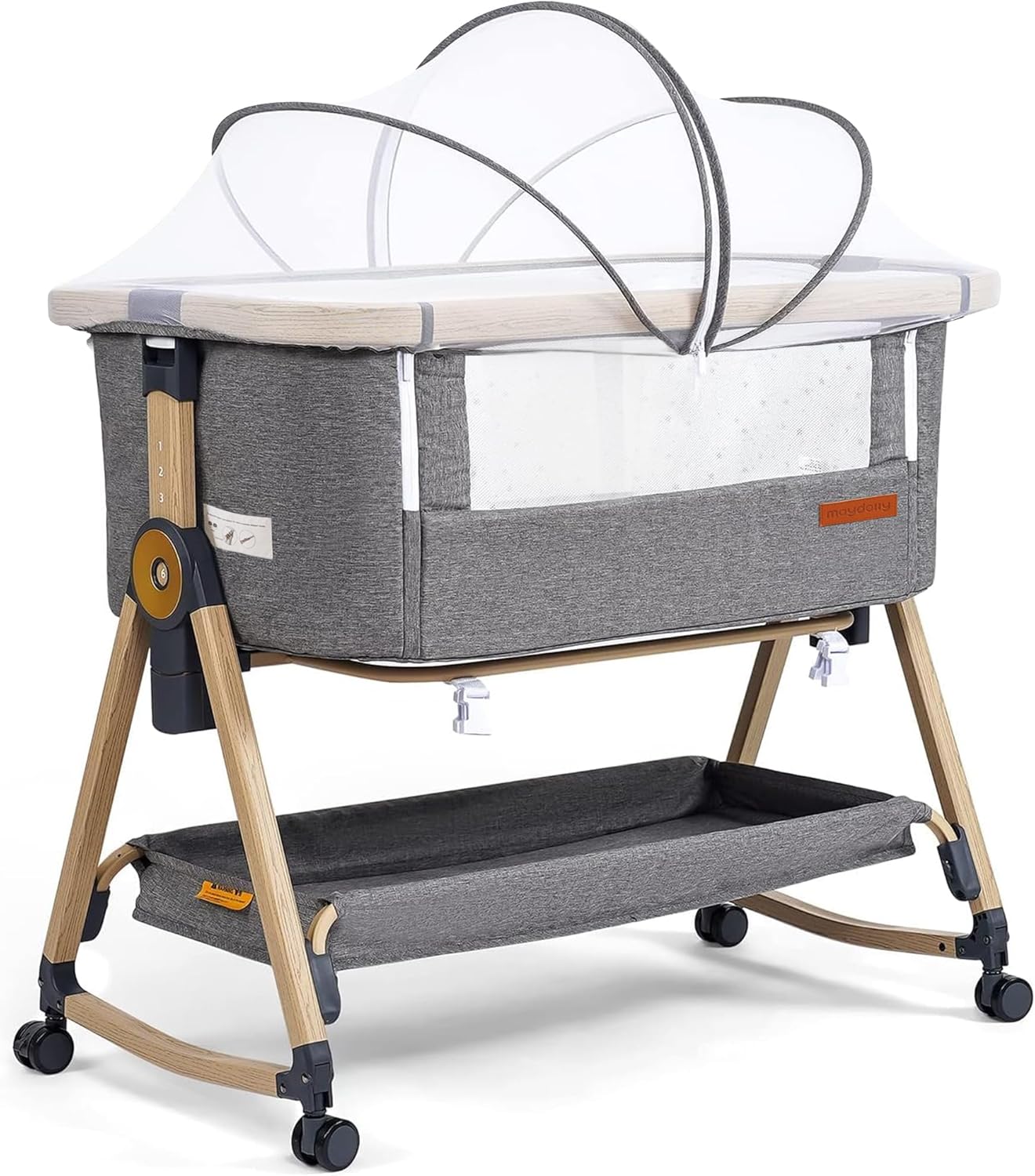 Maydolly 3-in-1 Baby Beistellbett Grau mit Matratze & Moskitonetz